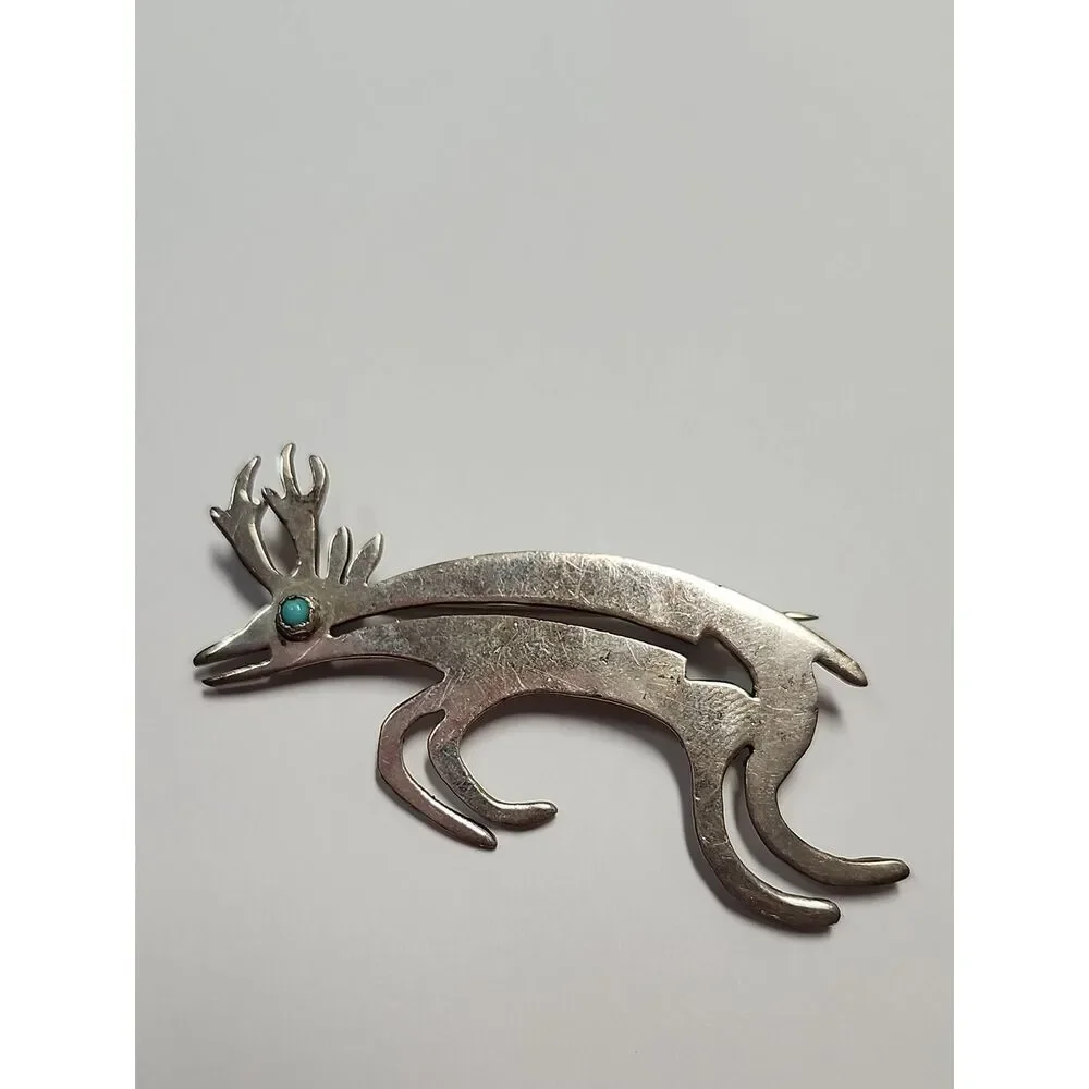 Sterling Silver Native American Artist Dee Morris Brooch Stag Deer Turquoise Eye